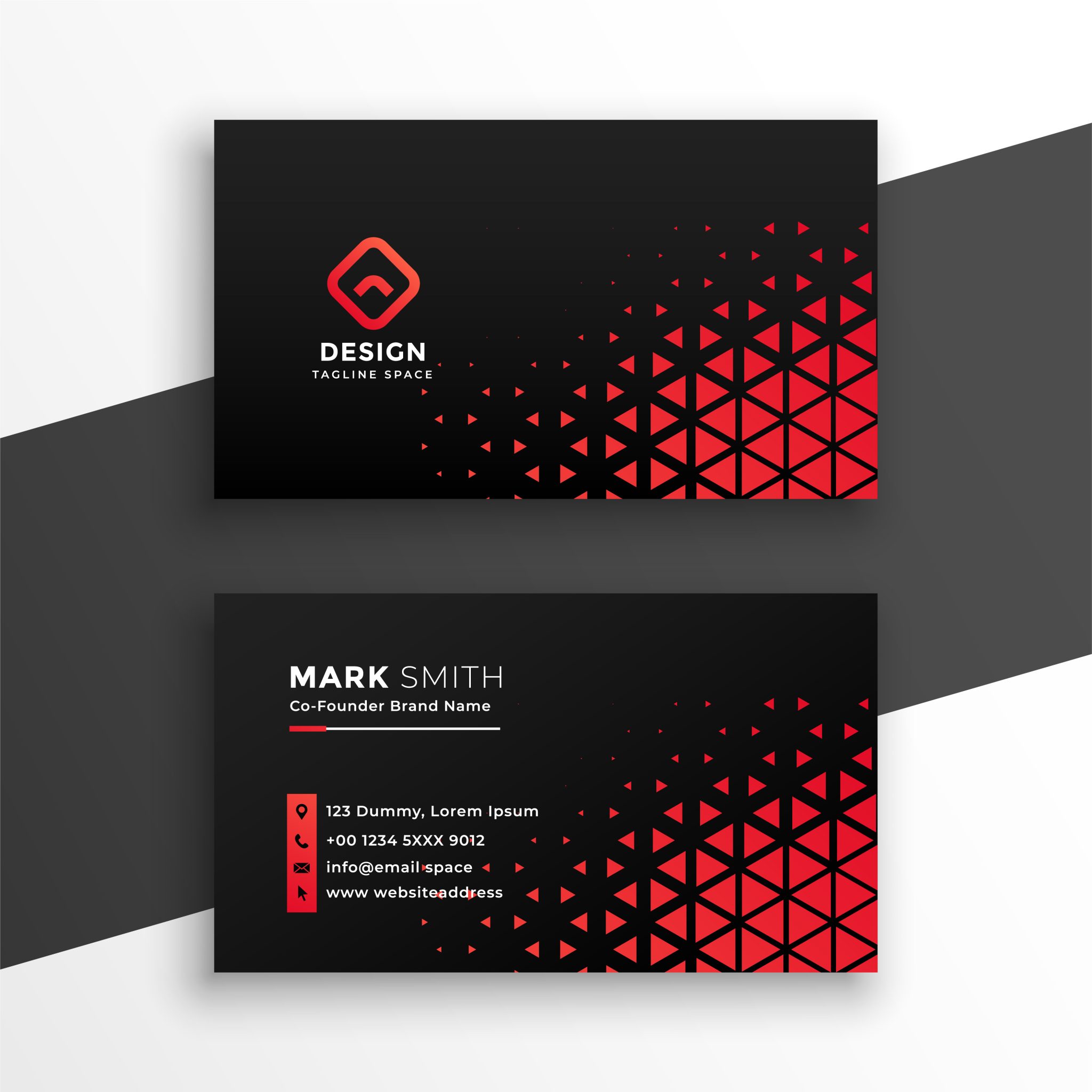 black business card with red triangle shapes design